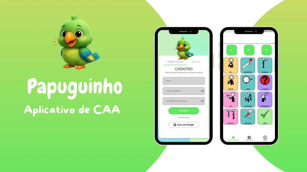 Tela de cadastro e demonstração de prancha geral com comunicação visual e ícones intuitivos